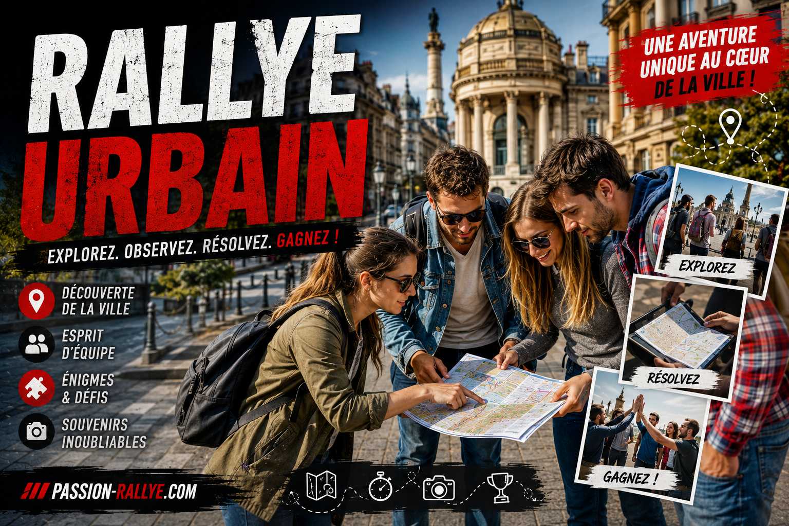 Participants à un rallye urbain découvrant le patrimoine historique d'une ville française à travers un parcours d'orientation et d'énigmes