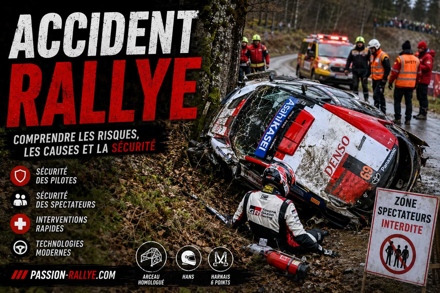 Voiture de rallye accidentée lors d'une spéciale avec intervention des secours et dispositifs modernes de sécurité