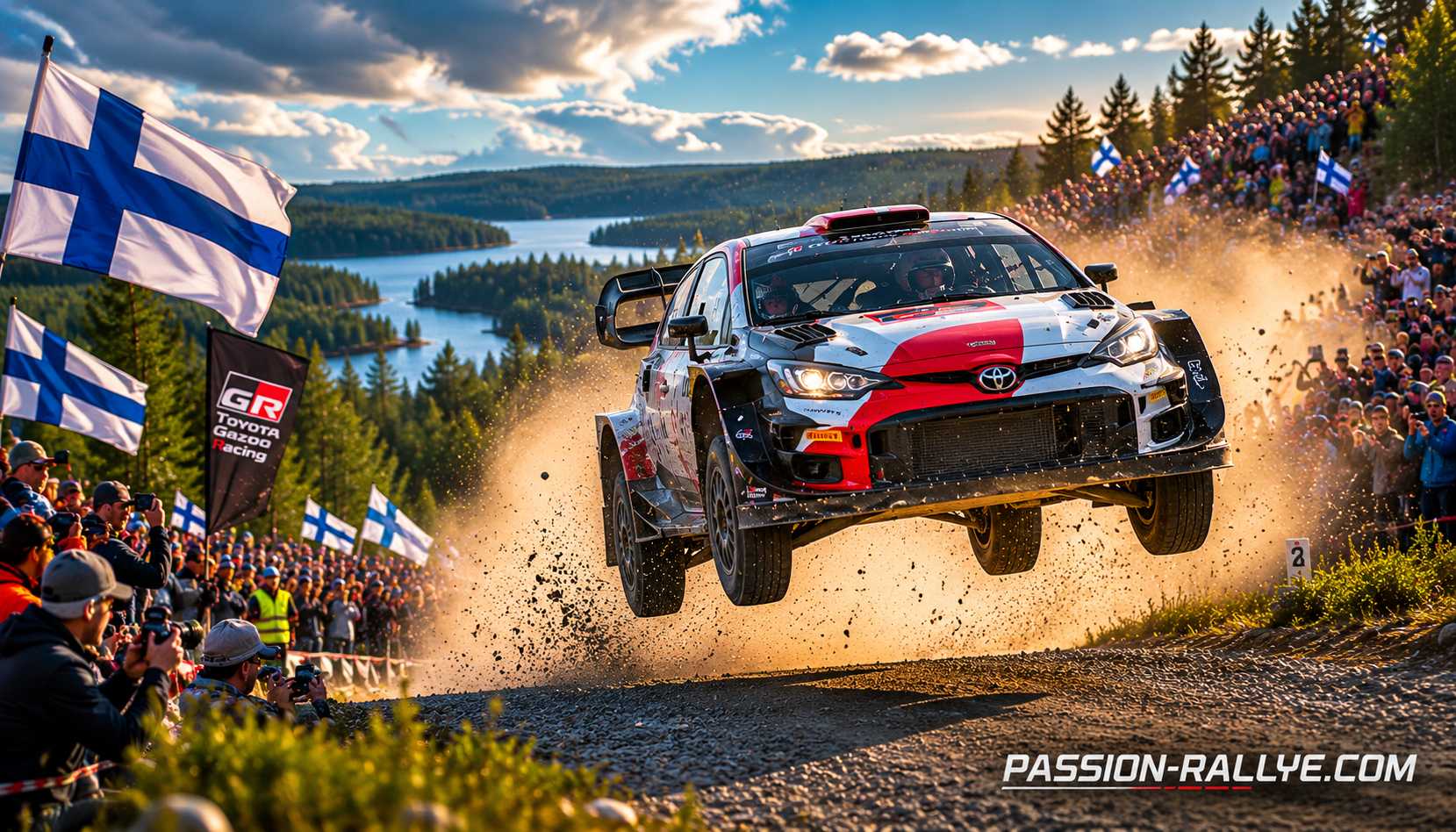 Voiture de rallye WRC en plein saut sur une spéciale de gravier devant des spectateurs lors d'une compétition de rallye automobile