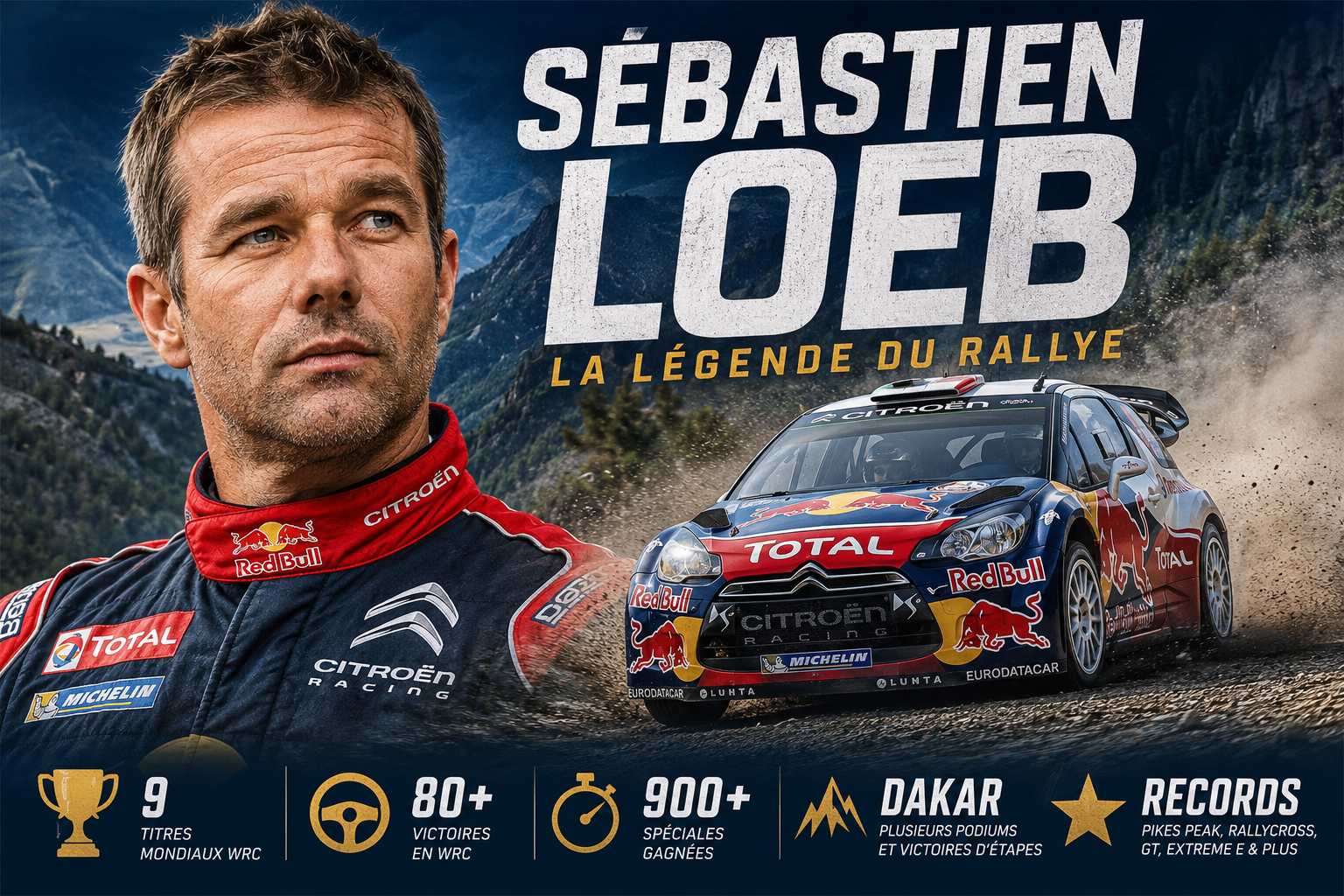 Sébastien Loeb au volant d'une Citroën WRC pendant une spéciale du Championnat du Monde des Rallyes